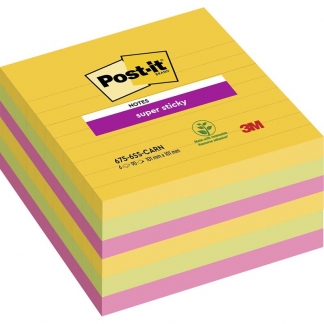 Post-it Super Sticky Notes linjerede 101mmx101mm 90ark/blk 6blk/pak Carnival farvekollektion