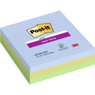 Post-it Super Sticky Notes linjerede 101mmx101mm 70ark/blk 3blk/pak Oasis farvekollektion